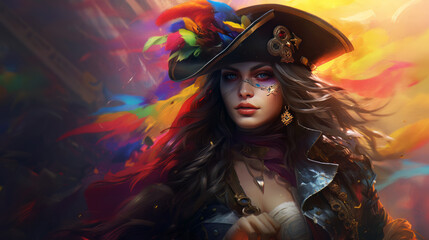 A mighty female pirate in rainbow colors, halloween motive	