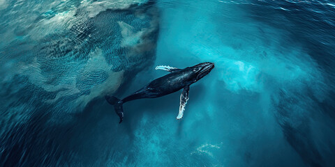 Majestic humpback whale swimming in blue ocean waters Generative AI image