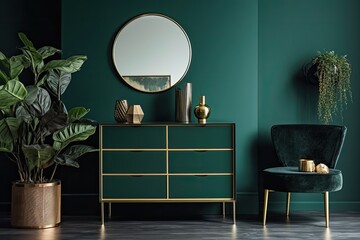 commode with décor in the interior of the living room, mock up of a dark green wall,