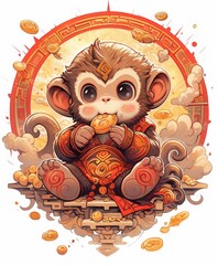 Elevate Prosperity: Chinese New Year with Golden Ornament Animal Zodiac Monkey, Symbolic Festive Decor