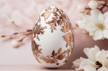 White Easter egg decorated with brown pattern and rhinestones on floral pink background. AI generated