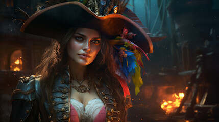 A mighty female pirate in rainbow colors, halloween motive	