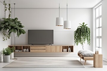 A giant TV mockup on a white wall above a simple wood TV bench, a wooden bookcase, an indoor plant, and pendant lighting make up a modern contemporary living room interior design