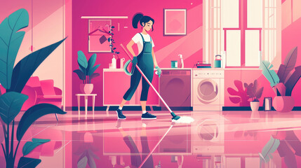 Illustration of a woman mopping the floor in a cozy, sunlit kitchen with plants and cooking pot