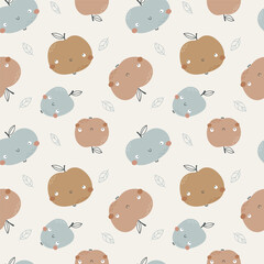 Childish vector seamless pattern with cute hand drawn cartoon apples limited to a gender neutral palette.