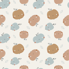 Fototapeta premium Childish vector seamless pattern with cute hand drawn cartoon apples limited to a gender neutral palette.