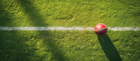Aerial shot of cricket ball on grass near white line, captured in photo.