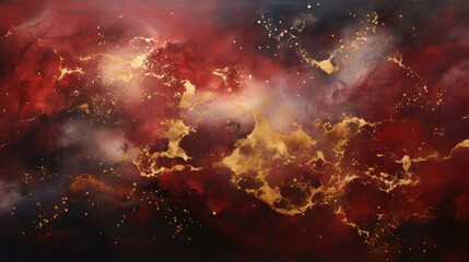 Abstract burgundy red and black background with golden splashes as wallpaper illustration - obrazy, fototapety, plakaty