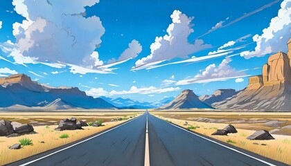 青い空と白い雲と真っ直ぐな道路_03 - obrazy, fototapety, plakaty