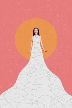 Vertical collage picture standing young festive outfit girl merriage long dress fashion model positive mood cheerful look