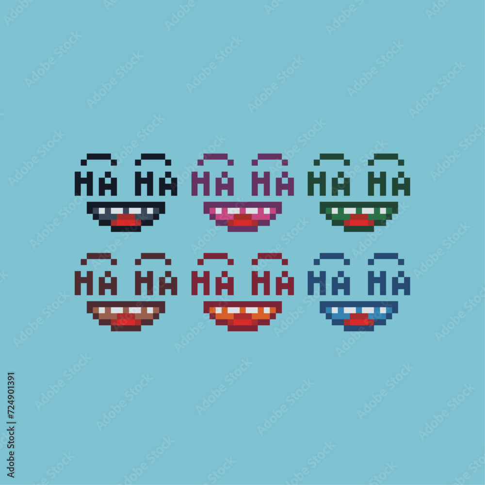 Poster pixel art sets icon of haha face variation color. joke face icon on pixelated style. 8bits perfect f