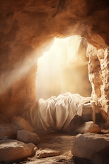 Jesus Christ Resurrection, Christian Easter Background. Empty tomb, resurrection Sunday.