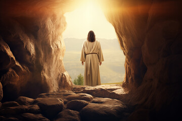Jesus Christ Resurrection, Christian Easter Background. Empty tomb, resurrection Sunday.