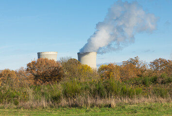 Cooling towers from a nuclear power station behind trees