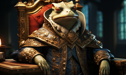 Regal Frog King Sitting on a Golden Throne, a Whimsical Concept Blending Wildlife with Monarchy and Luxury