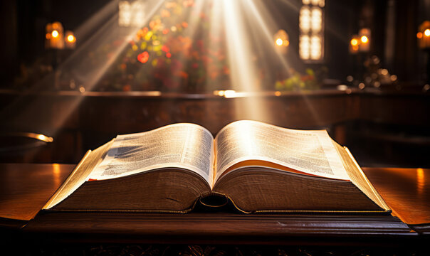 Open holy book on a wooden podium bathed in divine light within a hallowed place of worship, evoking spirituality, guidance, and enlightenment