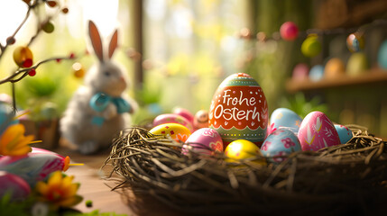 Colorful eggs nestled in a basket with a message in german language for easter - Format 16:9
