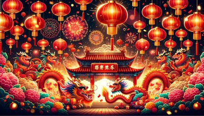 Fototapeta premium Vibrant Chinese New Year Dragon Dance Illustration