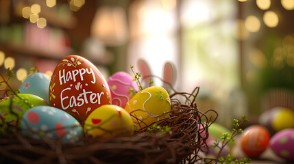 Easter bunny and decorative easter eggs in a nest with copy space - Format 16:9