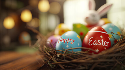 Colorful easter eggs in a nest on wooden table with blurred background - Format 16:9