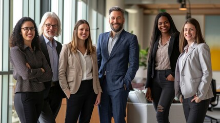 Obraz premium Portrait of successful group of business people at modern office looking at camera. Portrait of happy businessmen and satisfied businesswomen standing as a team. Multiethnic group of people smiling.