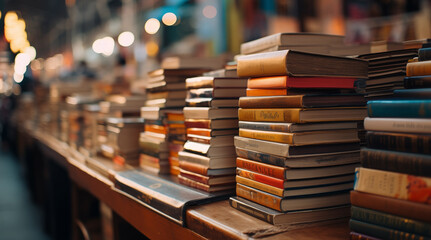 Old hard-cover stacks of books multicolor rows on the book shop bookshelf with library wall background. Educational, reading, graphic design resources concept image.