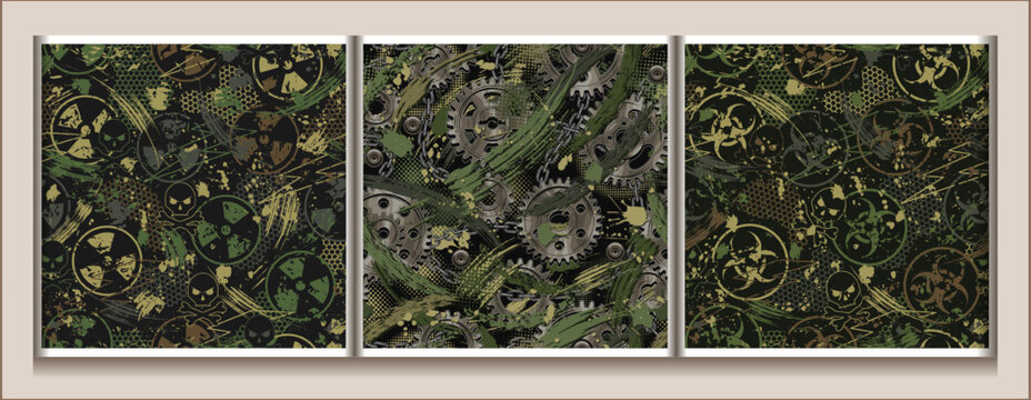 Khaki green camouflage patterns with rusty gears, biology hazard symbol, radiation sign, splattered paint. Steampunk grunge style. Not AI