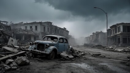 abandoned destroyed city street . effects of the war 