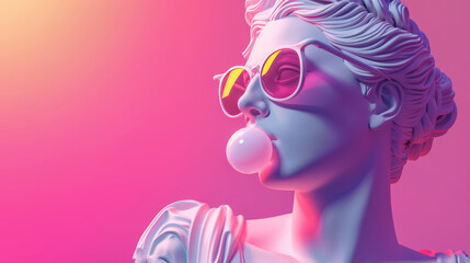 Cool ancient Greek or Roman white statue of woman wearing sunglasses and making chewing bubble on neon background with a free place for text. Contemporary art and fashion - obrazy, fototapety, plakaty