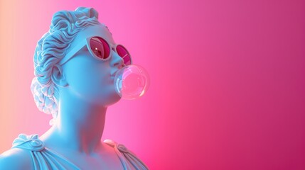 Cool ancient Greek or Roman white statue of woman wearing sunglasses and making chewing bubble on neon background with a free place for text. Contemporary art and fashion - obrazy, fototapety, plakaty