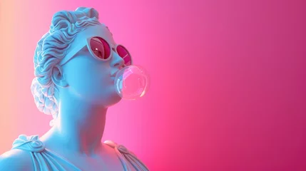 Foto op Canvas Cool ancient Greek or Roman white statue of woman wearing sunglasses and making chewing bubble on neon background with a free place for text. Contemporary art and fashion © eireenz