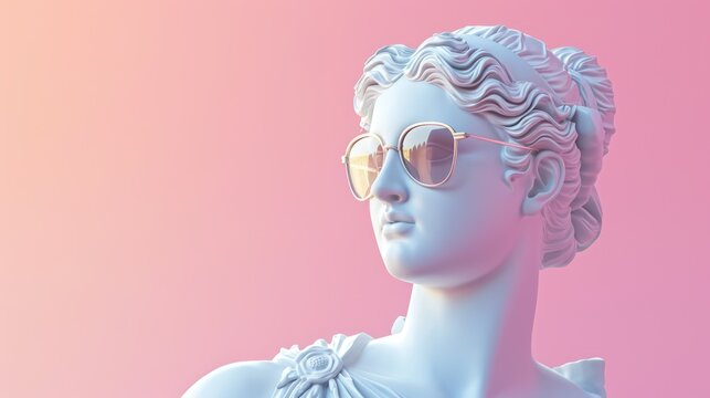 Cool ancient Greek or Roman white statue of woman wearing sunglasses on pastel background with a free place for text. Contemporary art and fashion