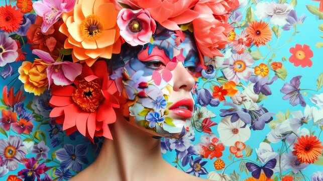 Stylish woman's face with flowers, women's day concept AI generated image
