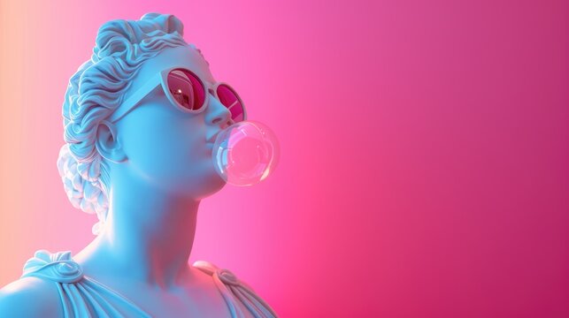 Cool ancient Greek or Roman white statue of woman wearing sunglasses and making chewing bubble on neon background with a free place for text. Contemporary art and fashion