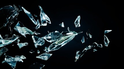 Broken glass flying fragments dark background