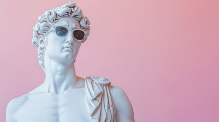 Cool ancient Greek or Roman white statue of man wearing sunglasses on pastel background with a free place for text. Contemporary art and fashion