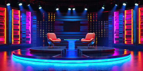 Stage Set for Showbiz: An Empty Game Show Talk Show Set with Stage Lights, Chairs, and a Table, Evoking the Atmosphere of Television Production, Studio Ambiance, and Entertainment Setup - obrazy, fototapety, plakaty