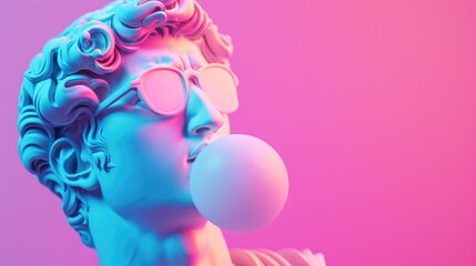 Cool ancient Greek or Roman white statue of man wearing sunglasses and making chewing bubble on neon background with a free place for text. Contemporary art and fashion.