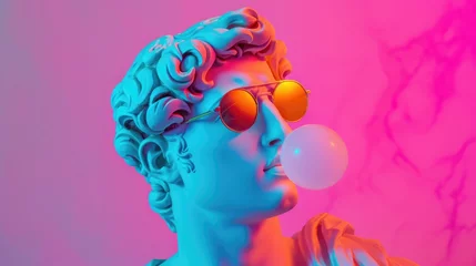 Tuinposter Cool ancient Greek or Roman white statue of man wearing sunglasses and making chewing bubble on neon background with a free place for text. Contemporary art and fashion. © eireenz
