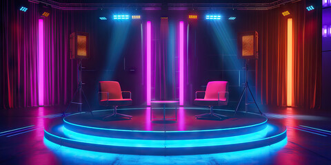 Stage Set for Showbiz: An Empty Game Show Talk Show Set with Stage Lights, Chairs, and a Table, Evoking the Atmosphere of Television Production, Studio Ambiance, and Entertainment Setup - obrazy, fototapety, plakaty