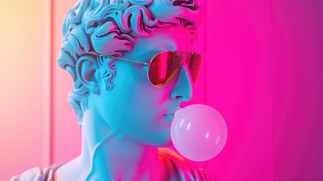 Cool ancient Greek or Roman white statue of man wearing sunglasses and making chewing bubble on neon background with a free place for text. Contemporary art and fashion.