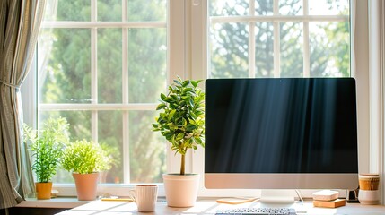 Modern Workspace: Desktop Computer on Desk by Window