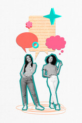 Vertical contemporary photo collage of two friends girls thinking of something have conversation talk isolated on white background