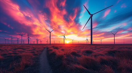 Sustainable energy wind farm with turbines standing tall under a dramatic and colorful sunset sky, symbolizing hope and innovation. Wind Turbines Against Vibrant Sunset Sky
 - obrazy, fototapety, plakaty