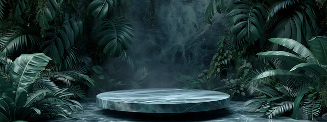 an abstract marble table in a green jungle in
