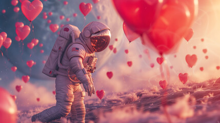 Valentine Astronaut on planet Venus, surrounded by heart shaped balloons - Generative AI - obrazy, fototapety, plakaty