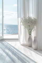 White summer beach house interior with white linen curtains and white vases with tanacetum - Generative AI