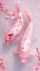 Obraz na płótnie Canvas Pink irridescent koi karp in glistening shallow water with pink hues and sunlight - Generative AI