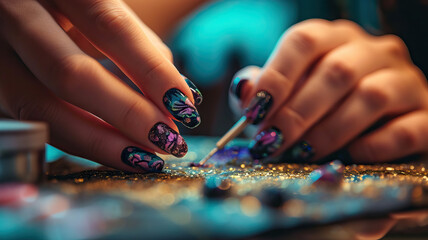 Manicurist Creating Colorful Nail Art with Precision