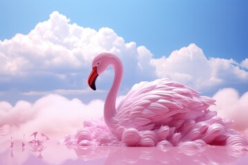 A pink flamingo gracefully floats in the air against a backdrop of billowing clouds.